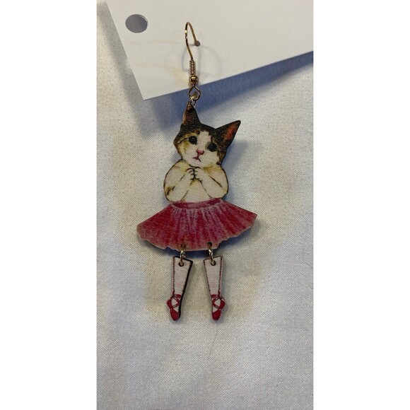 Cat Earrings Ballerina Dancing Kitty w/ Pink Tutu Whimsical Quirky Dangle Funny - Picture 2 of 6